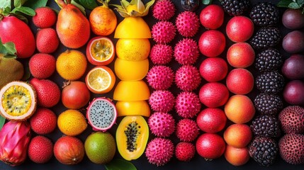 Many different exotic fruits that are arranged in a row