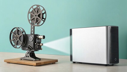 Naklejka premium Vintage Film Projector vs 4K Streaming Device,Faded Teal and Silver Split-Screen,Movie Viewing Evolution