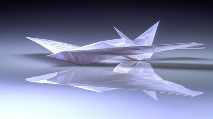 A reflective, origami-style paper airplane floats on a gradient surface