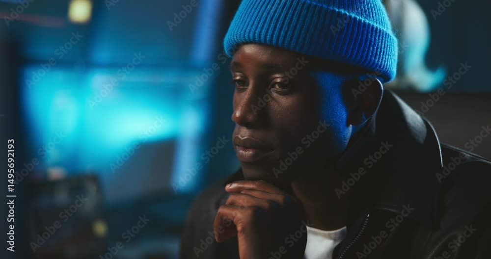 Poster Computer, thinking and man at night for coding, programming, software update or cybersecurity. Professional, working late and person on pc for website development, user interface and online AI system