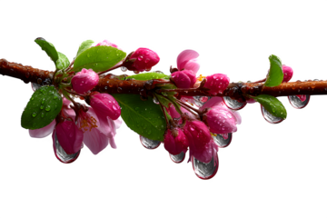 a summer branch with rain droplets and blooming buds, fresh and vibrant, mixed weather element overlay for creative compositions, isolated to transparent background