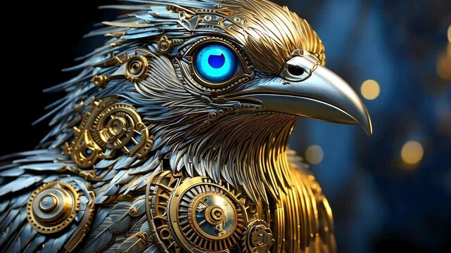 Futuristic Steampunk Mechanical Bird with Intricate Gears and Glowing Blue Eye