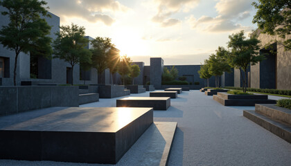 Modern Minimalist Cemetery with Black Granite Tombs and Clean Lines in a Serene Garden Setting, Sunlight Casting Shadows Over Contemporary Memorial Architecture