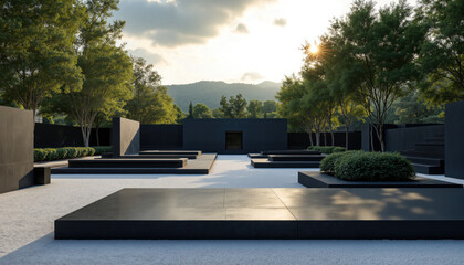 Modern Minimalist Cemetery with Black Granite Tombs and Clean Lines in a Serene Garden Setting, Sunlight Casting Shadows Over Contemporary Memorial Architecture