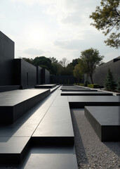 Modern Minimalist Cemetery with Black Granite Tombs and Clean Lines in a Serene Garden Setting, Sunlight Casting Shadows Over Contemporary Memorial Architecture