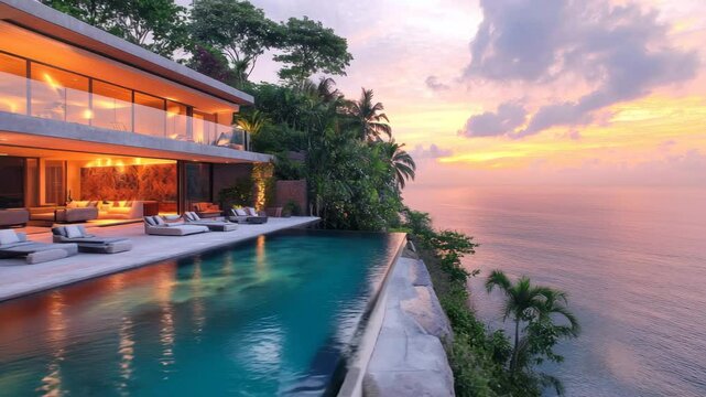 Modern villa with infinity pool overlooking tropical ocean at sunset, calm water and golden light