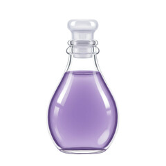 Glass bottle with a rounded shape, filled with a translucent, light purple liquid substance