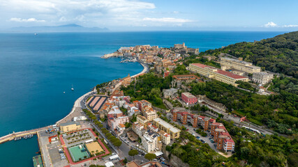 Aerial view of the historic center of the town of Gaeta, overlooking the Mediterranean Sea. It is a tourist destination in the province of Latina, Lazio, Italy. In foreground there is Orlando mount.