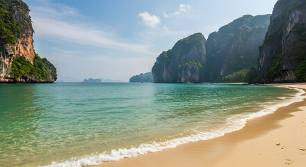 Fototapeta premium Scenic Thailand Beach with Rock Cliffs and Clear Water PNG