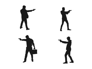 Gun Man Shooter Art Silhouette. Businessman Silhouette Aiming Guns, Perfect for Security or Crime Themes. Man with gun silhouette criminal person concept side view. 