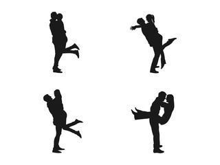 playful young couple silhouette. Silhouettes of Couples in Loving Embraces, Showing Playful Affection. A couple of young guys and girls on a white background.