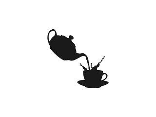 Teapot and cup vector icon. Black silhouette of teapot and cup. Silhouette of Tea Being Poured into a Cup, isolated on a white background.