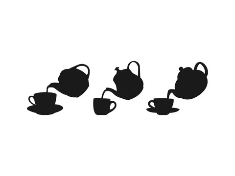 Teapot and cup vector icon. Black silhouette of teapot and cup. Silhouette of Tea Being Poured into a Cup, isolated on a white background.