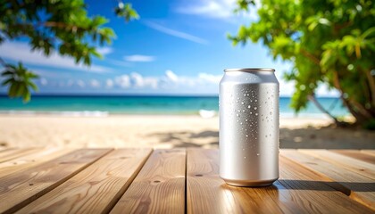 Obraz premium Photo of Plain beverage can with water droplets on wooden table on beach with blurry background