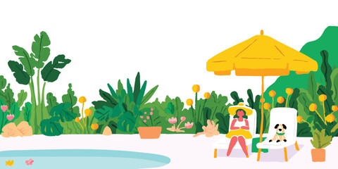 Relaxing by the pool with pet dog and tropical plants.