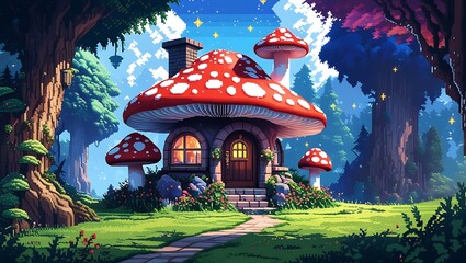Mushroom dwelling nestled in a whimsical forest landscape, digital fantasy art