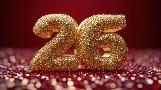 Gold glitter number 26 on red background