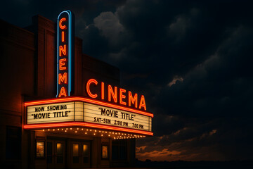 Vintage cinema under a dramatic night sky.