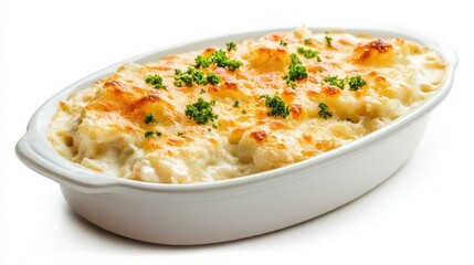 Perfectly Baked Cheesy Lasagna &ndash; A Homemade Delight,  Golden Brown Potato Gratin in a White Dish Isolated on White Background - Delicious Baked Side Dish for Gourmet Meals and Holiday Feasts