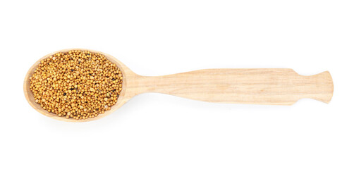 Aromatic mustard seeds in wooden spoon isolated on white, top view