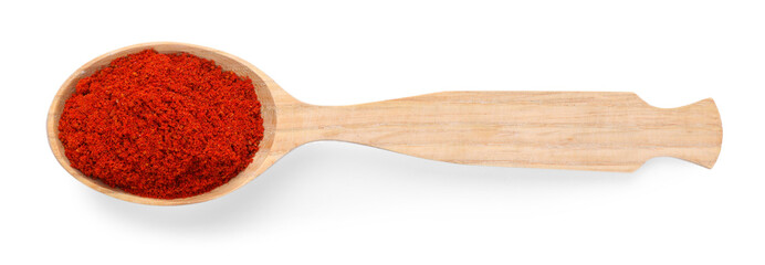 Aromatic nutmeg powder in wooden spoon isolated on white, top view