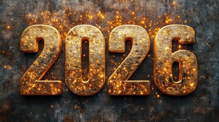 Gold 2026 numerals on textured metal background with sparks