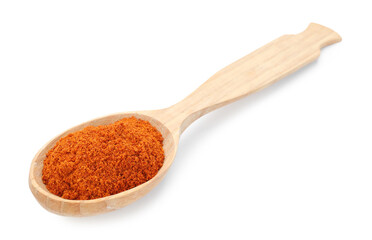 Aromatic paprika powder in wooden spoon isolated on white