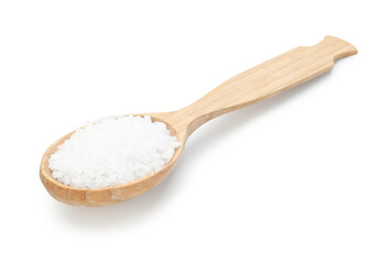 Natural salt in spoon isolated on white