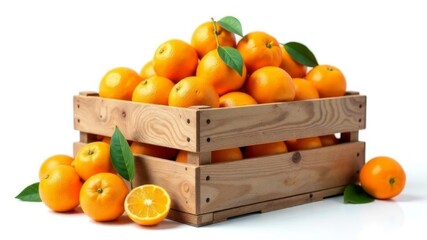 wooden box with oranges on white background