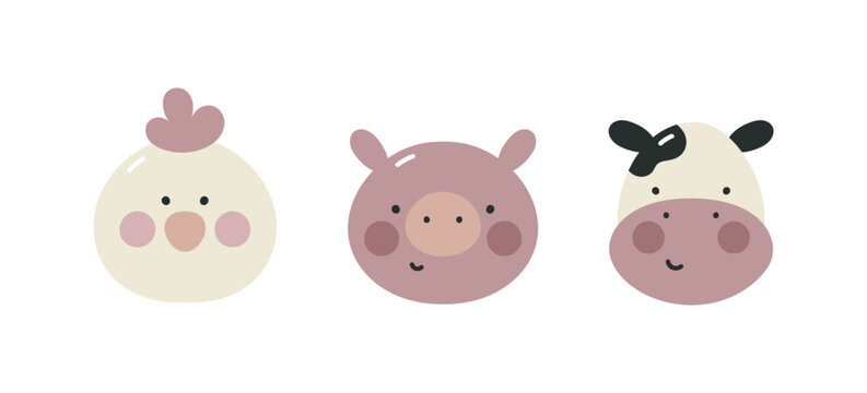 Set cute farm animals. Funny cartoon characters. Chicken, pig, cow. For fabric, wrapping, cards, textile, wallpaper, apparel. Isolated vector illustration in flat cartoon style on white background.