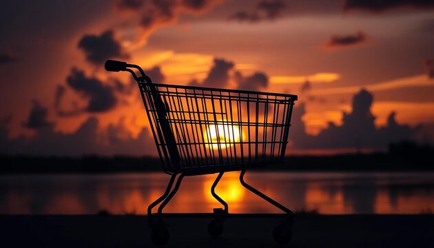 Empty shopping cart silhouette against stormy sunset,  poverty,  recession