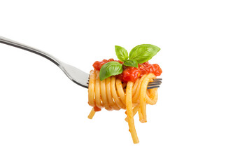 Pasta with tomato sauce on fork isolated on white or transparent background. PNG