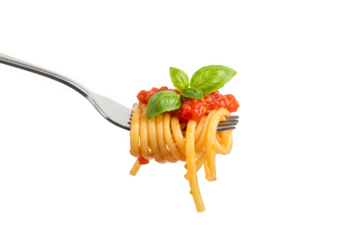 Pasta with tomato sauce on fork isolated on white or transparent background. PNG - Powered by Adobe
