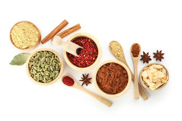 Different aromatic spices isolated on white, top view