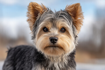Yorkshire Terrier dog outdoors with alert expression and fluffy fur