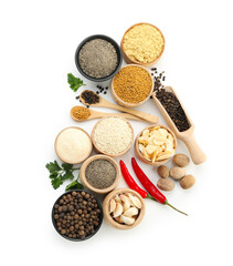 Different aromatic spices isolated on white, top view