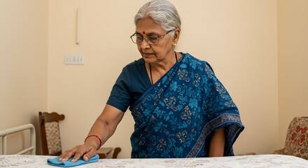 Elderly Woman Cleaning, Maintaining a Clean Home, Senior Citizen Home Care,  Housekeeping Tasks,  Maintaining a Tidy Space