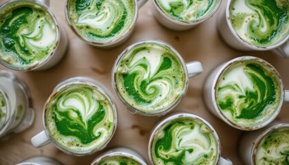 Obraz premium capture an enticing iced affogato in a collection of cups, showcasing its rich, emerald tones from a top down perspective