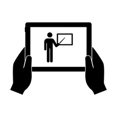 Hands holding tablet with online professor image icon