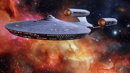 Sci-Fi spaceship soars through cosmic nebula amid distant starlight spectacle