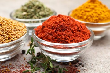 Different aromatic spices on light grey table, closeup