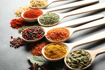 Many different spices in spoons on grey table, closeup
