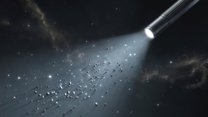 Flashlight beam illuminating particles in the dark