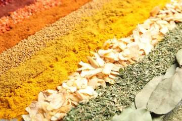 Many different spices as background, closeup view