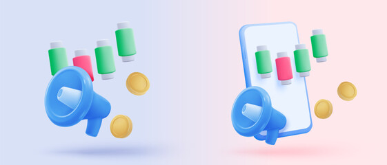 3D stock trading graph statistic report with speaker icon or loudspeaker for announce. megaphone loud shouting with finance business, analyzing investment. 3d trading icon vector render illustration