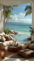 Obraz premium Ocean View Lounge: A luxurious indoor-outdoor living space featuring comfortable seating arrangements and a serene ocean view, with palm trees and tranquil turquoise waters.