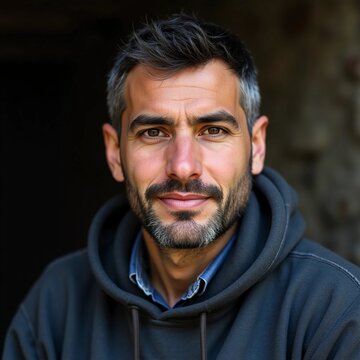 In a portrait, a Chechen man exudes confidence and strength against a rustic backdrop in Chechnya Generative AI