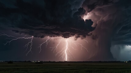 Powerful storm clouds with lightning over a field