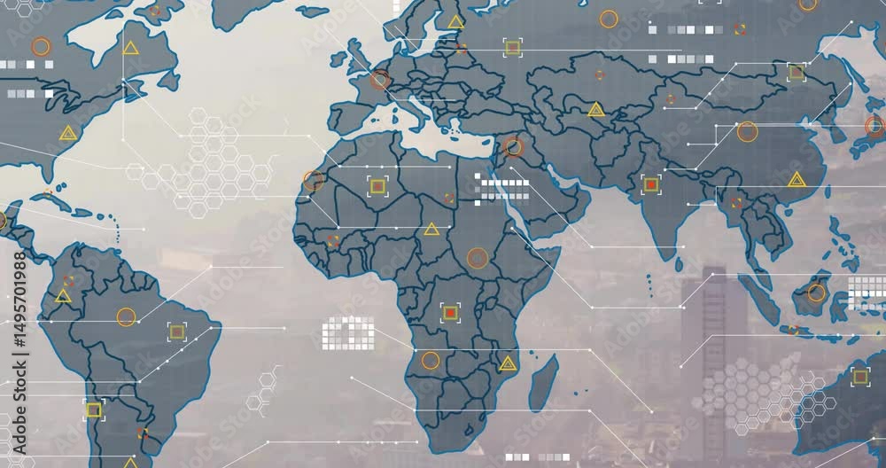 Poster on start, transparent world map expanding, pulsing icons and lines visualizing global data flow