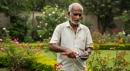 Elderly Man Tending to His Vibrant Rose Garden A Peaceful Moment of Gardening